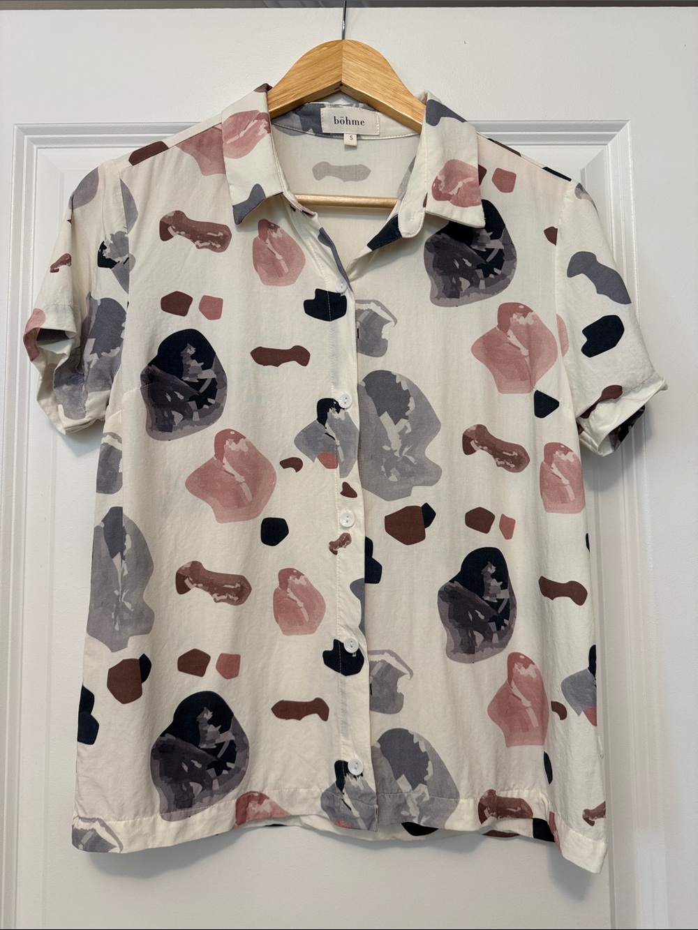 Bohme Cream Abstract Print Short-Sleeve Button-Down Shirt